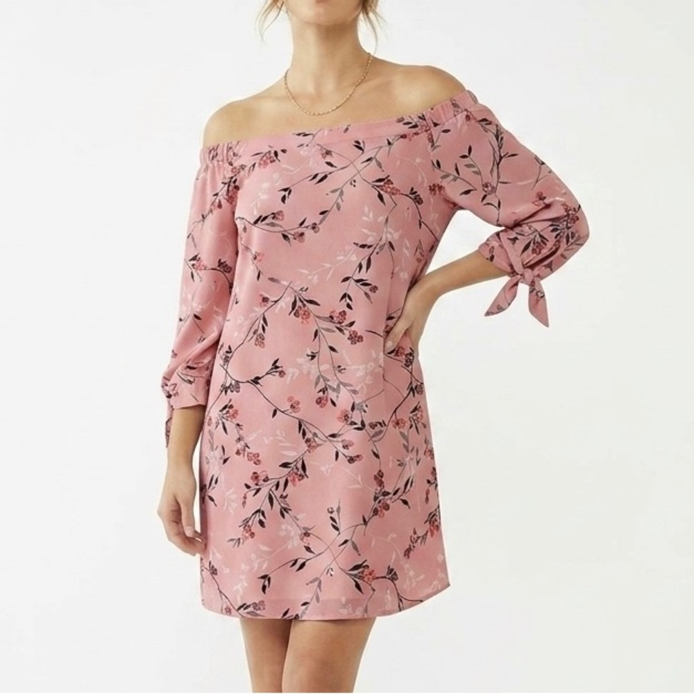 Boho Crepe Off Shoulder Pink Botanical Mini Tunic Dress Modern Romantic Shift